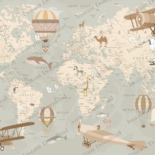 Kids Map Printable Wallpaper Mural, Planes & Hot Air Balloons Instant Download, Political World Map for Boys, Vintage Wall Art, Educational