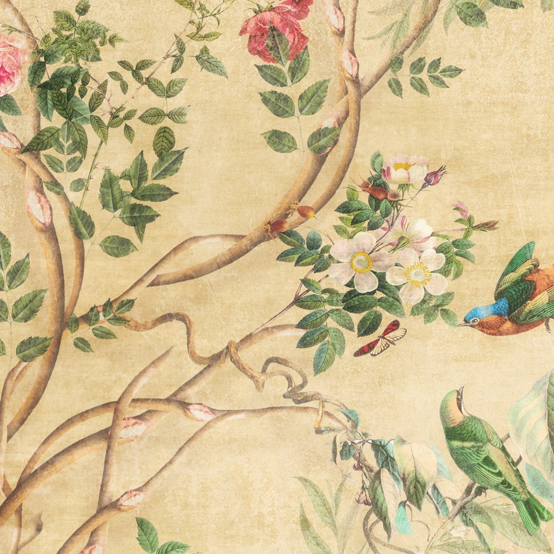Chinese Birds Wallpaper Printable Mural, Vintage Chinoiserie Digital