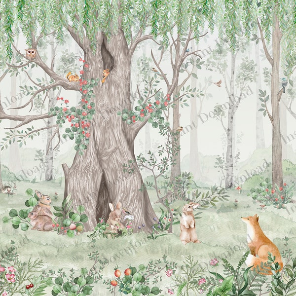 Watercolor Wood Animals Printable Wallpaper Mural, Woodland Animals Instant Download, Animals Wall Mural, Nursery Wall Decor, Fox, bunny