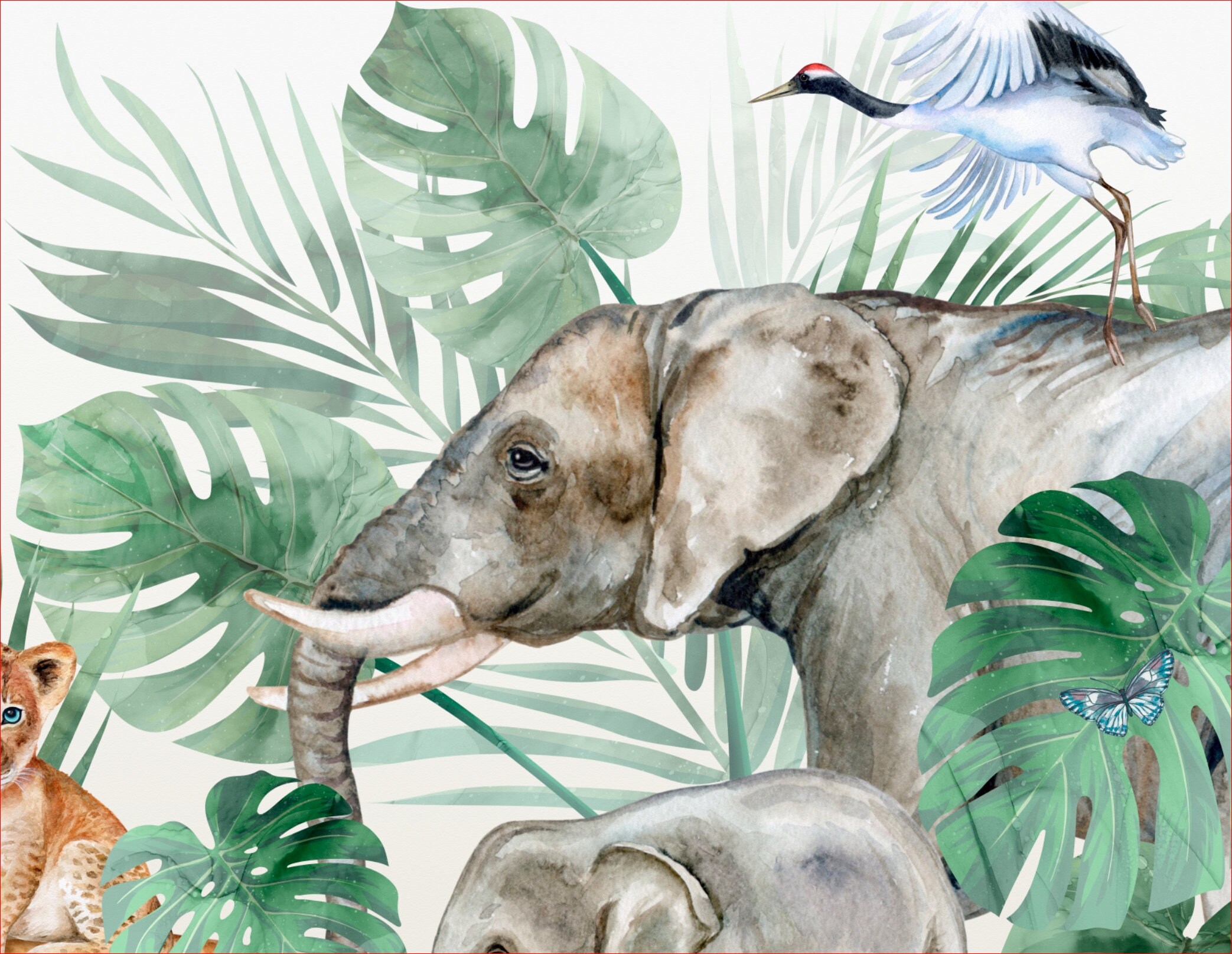 Watercolor Safari Animals Printable Nursery Wallpaper Mural, Jungle & Animals Instant Downloand