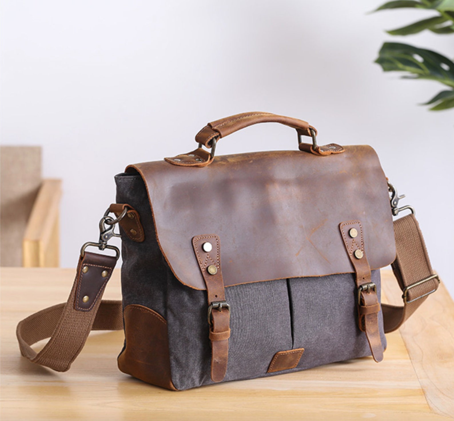 Waxed Canvas Leather Messenger Bag/ Canvas Leather Messenger Etsy