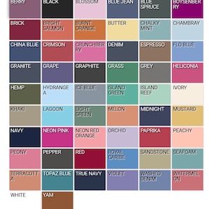 May include: A color chart with 64 different color swatches. Each swatch is labeled with a color name, such as "Berry", "Black", "Blossom", "Blue Jean", "Blue Spruce", "Boysenberry", "Brick", "Bright Salmon", "Burnt Orange", "Butter", "Chalky Mint", " Chambray", "China Blue", "Crimson", "Crunchberry", "Denim", "Espresso", "Flo Blue", "Granite", "Grape", "Graphite", "Grass", "Grey", "Heliconia", "Hemp", "Hydrangea", "Ice Blue", "Island Green", "Island Reef", "Ivory", "Khaki", "Lagoon", "Light Green", "Melon", "Midnight", "Mustard", "Navy", "Neon Pink", "Neon Red Orange", "Orchid", "Paprika", "Peachy", "Peony", "Pepper", "Red", "Royal Caribe", "Sandstone", "Seafoam", "Terracotta", "Topaz Blue", "True Navy", "Violet", "Washed Denim", "Watermelon", "White", "Yam".