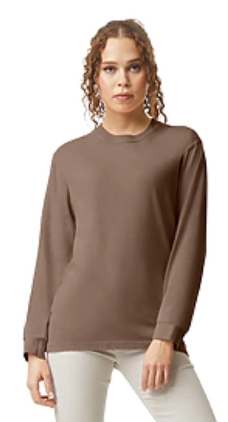 May include: A long-sleeved, brown, casual t-shirt with a crew neck.