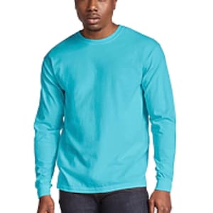 May include: A turquoise long-sleeve t-shirt with a crew neck.