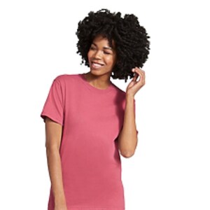 May include: A short-sleeved, crew neck t-shirt in a dusty rose color. The shirt is made of a soft material and has a classic, casual style. The t-shirt is a solid color and is suitable for everyday wear.