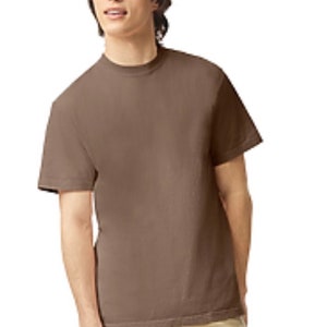 May include: A short-sleeved, brown t-shirt. The shirt has a crew neck and a simple, classic design. The model is wearing khaki-colored pants.