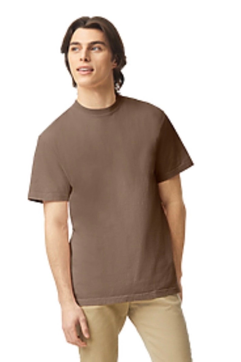 May include: A short-sleeved, brown t-shirt. The shirt has a crew neck and a simple, classic design. The model is wearing khaki-colored pants.