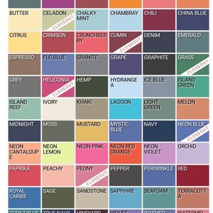 May include: A color chart featuring a grid of 48 color swatches, each labeled with a unique name. Colors range from Banana to Yam, including shades like Navy, Crimson, and Neon Pink. Some swatches are marked "Closeout".