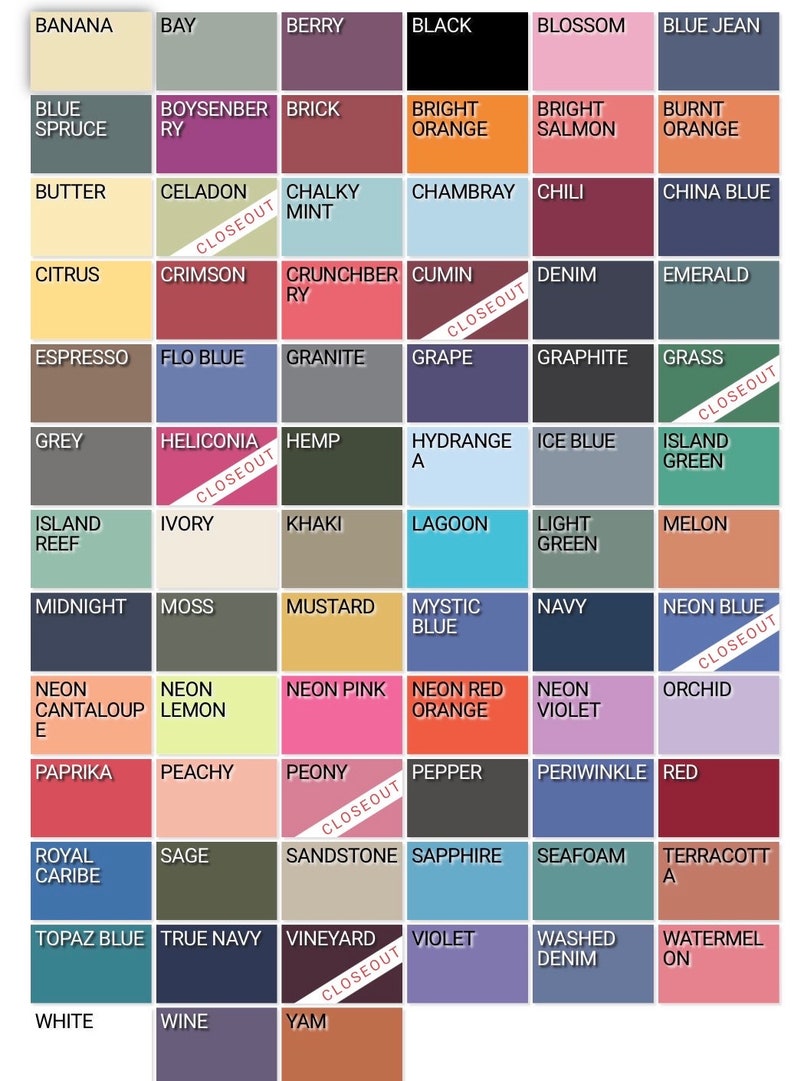 May include: A color chart featuring a grid of 48 color swatches, each labeled with a unique name. Colors range from Banana to Yam, including shades like Navy, Crimson, and Neon Pink. Some swatches are marked "Closeout".