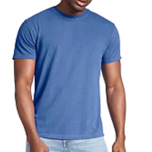 May include: A solid blue t-shirt with short sleeves. The shirt is made of a soft material and is paired with light blue jeans. The model is standing in front of a white background.