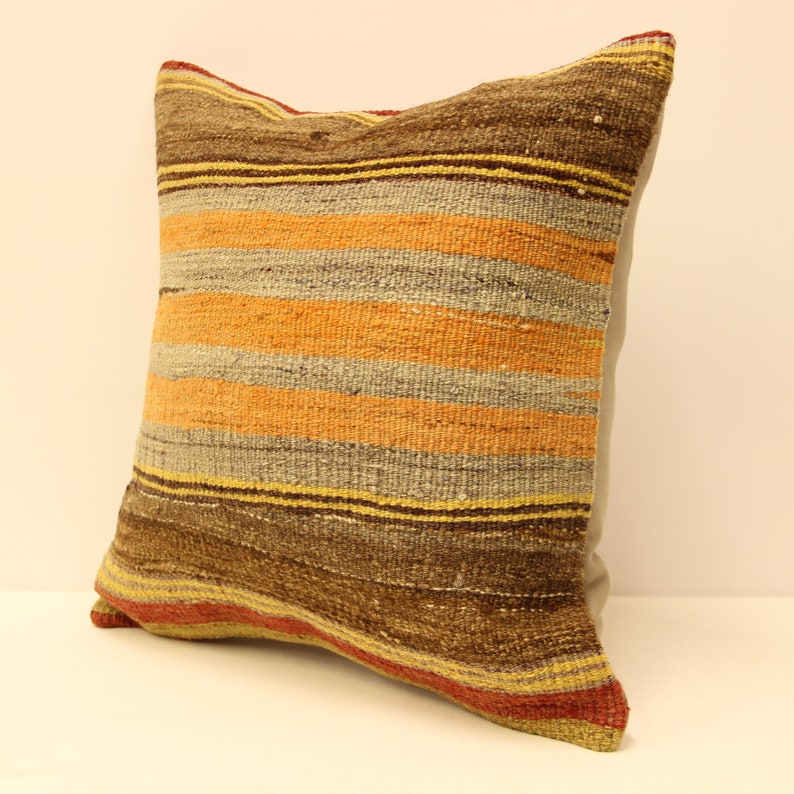 square kilim pillow cover.18x18Turkish handmade decorative soft color brown yellow red striped home design boho cushion KB-46
