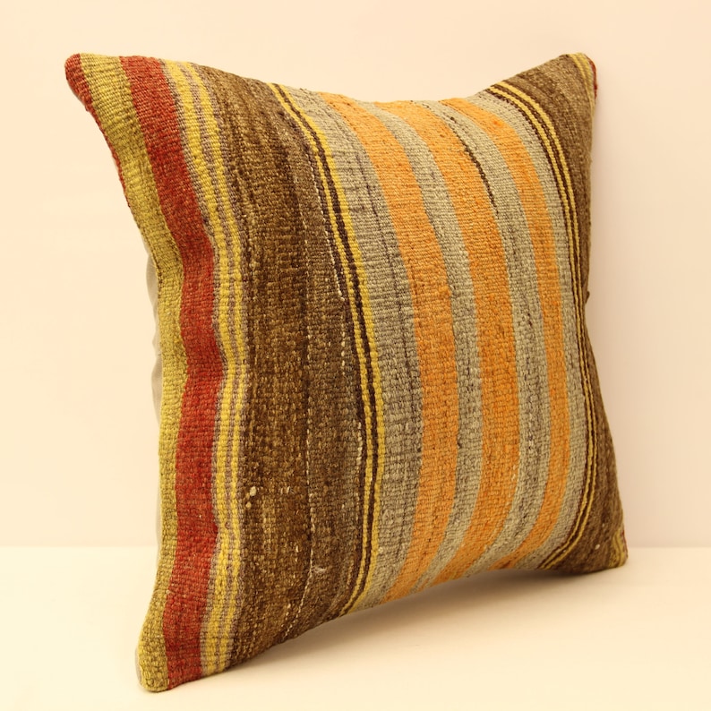 square kilim pillow cover.18x18Turkish handmade decorative soft color brown yellow red striped home design boho cushion KB-46
