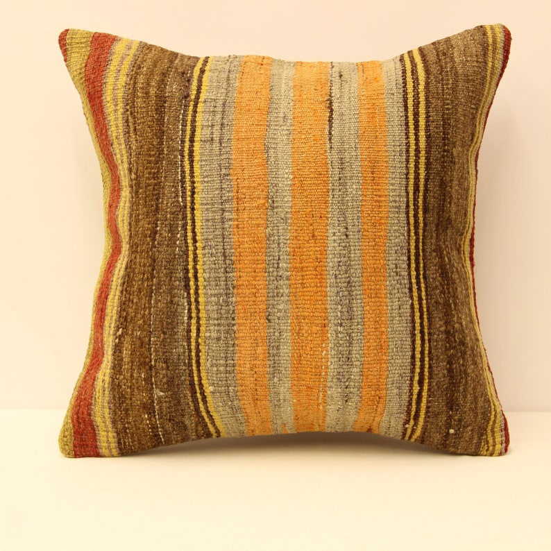 square kilim pillow cover.18x18Turkish handmade decorative soft color brown yellow red striped home design boho cushion KB-46