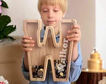 Large Wooden Custom initial Piggy Bank With Engraved  Name for Kids and Adults letter piggy bank Nursery Decor Wooden Christmas Kids gift