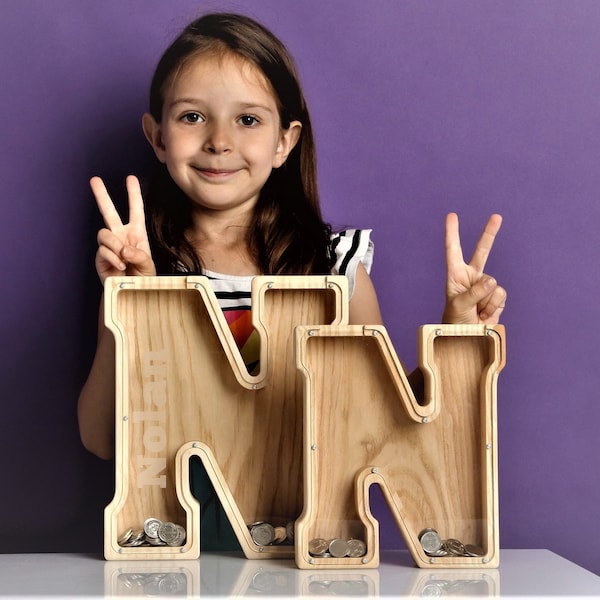 Grande lettre de tirelire en bois personnalisée, décor de chambre d'enfant mignon, joli cadeau de Noël pour filles et garçons, banque d'alphabet