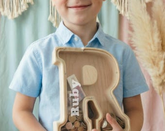 Personalized Wooden Letter Piggy Bank – Nursery Decor, Baby Keepsake