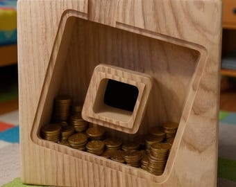 Handcrafted Wooden Video Game Money Box: Modern Savings Bank for Boys