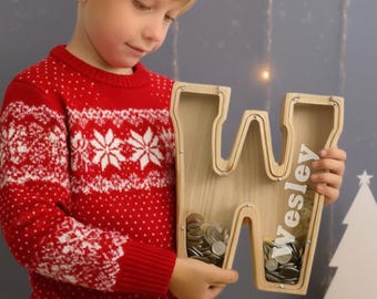 Engraved Wooden Letter Piggy Bank: Custom Nursery Decor, Kids Gift