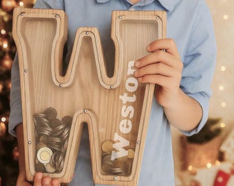 Large Wooden Custom initial Piggy Bank W Engraved Name for Kids and Adults letter piggy bank Nursery Decor Wooden best Christmas Kids gift