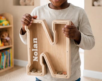 Personalized Wooden Letter Piggy Bank, Custom Name Alphabet Savings Box, Nursery Decor