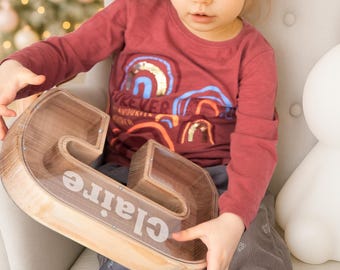 Large Reusable Wooden Piggy Bank in the Shape of a Latin Letter with Engraving, Christmas Gift for Girls and Boys