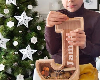 Personalized Christmas gift Large Wooden Custom initial Piggy Bank With Engraved  Name Kids and Adults letter piggy bank Nursery Decor