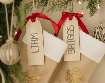 Christmas Stocking Tags with Names | Personalized Wooden Ornaments | Holiday Family Stocking Labels