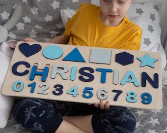 Educational name puzzle with names in numbers & shapes Christmas Gifts For Kids  Wooden Name Puzzle With Shapes and Numbers Educational Toys