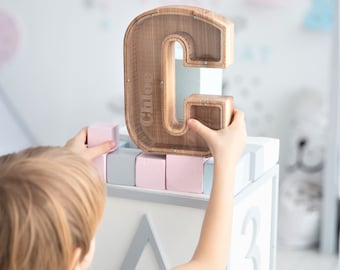 Gepersonaliseerde spaarpot voor kinderen, baby shower cadeau, Wood Piggy Bank, gepersonaliseerde Piggy Bank, Letter Coin Bank, kerstcadeaus voor kinderen
