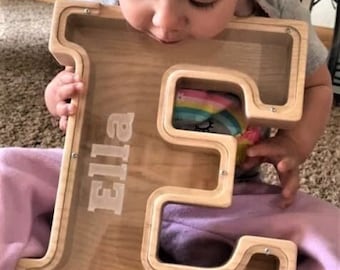 Big Personalized Letter Piggy Bank with engraving, Wood Gift For Kids, Neutral Baby Shower Gift,  Nursery Decor, Wooden Colin Bank