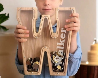 Wooden Piggy Bank, Wooden Letter Piggy Bank Personalized Piggy Bank, Wood Gift For Kids, Neutral Baby Shower Gift, Personalized Letter Bank