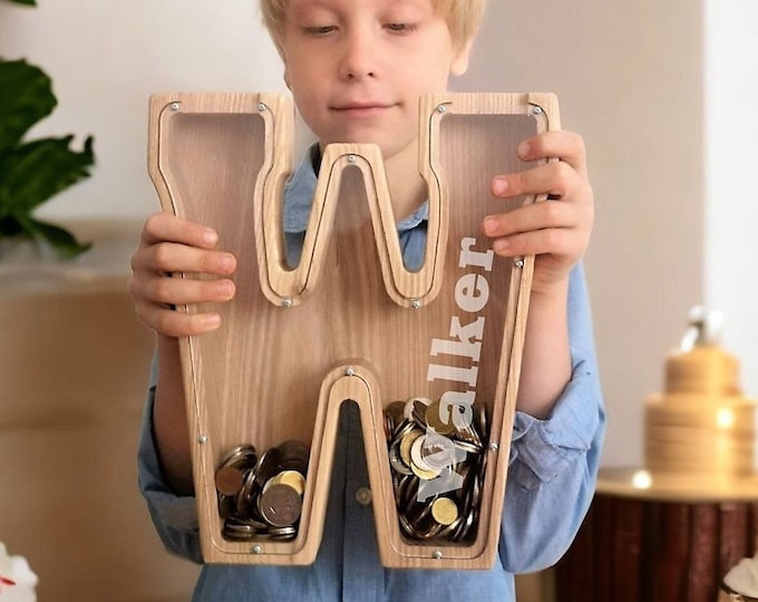 Large Wooden Custom initial Piggy Bank With Engraved  Name for Kids and Adults letter piggy bank Nursery Decor Wooden kids easter gift