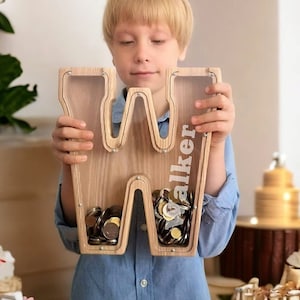 Gran alcancía de madera personalizada con iniciales y nombre grabado para niños y adultos, alcancía con letras, decoración de guardería, alcancía de madera con letras