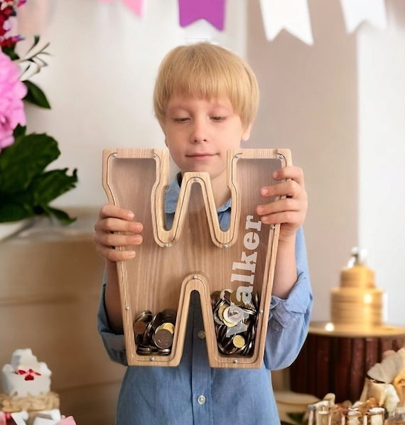 Wooden Piggy Bank, Wooden Letter Piggy Bank Personalized Piggy Bank, Wood Gift For Kids, Neutral Baby Shower Gift, Personalized Letter Bank