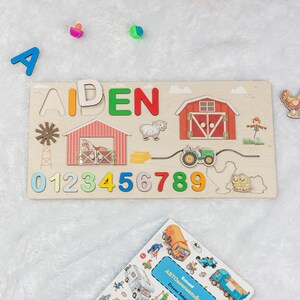 Wooden Baby Puzzle Nursery Decor Newborn Custom Name Puzzle Wooden Name with Numbers Birthday Gift Personalized baby puzzle Christmas gift image 3
