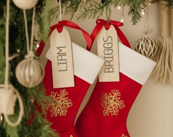 Personalized Stocking Name Tags – Custom Christmas Gift Tags, Holiday Stocking Labels, Rustic Christmas Tree Decor