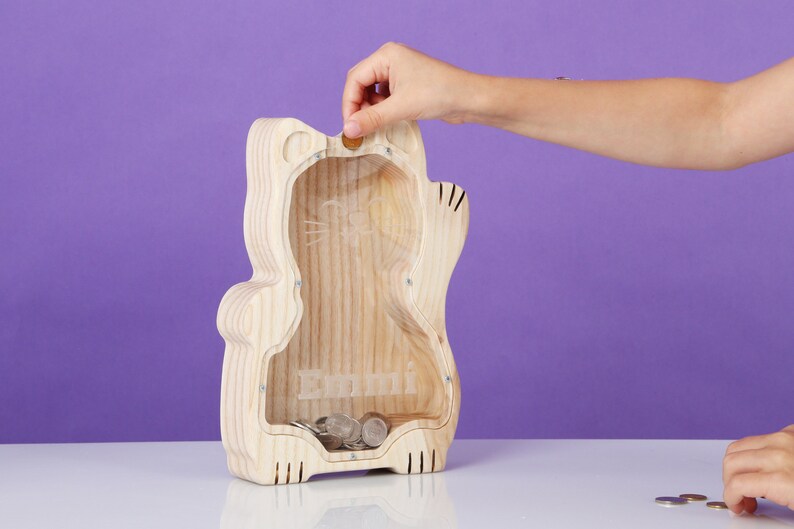 May include: A wooden cat-shaped money box with a clear front, containing coins. The bank has a slot at the top for inserting coins and the name "Danni" is visible. A hand is placing a coin into the slot.