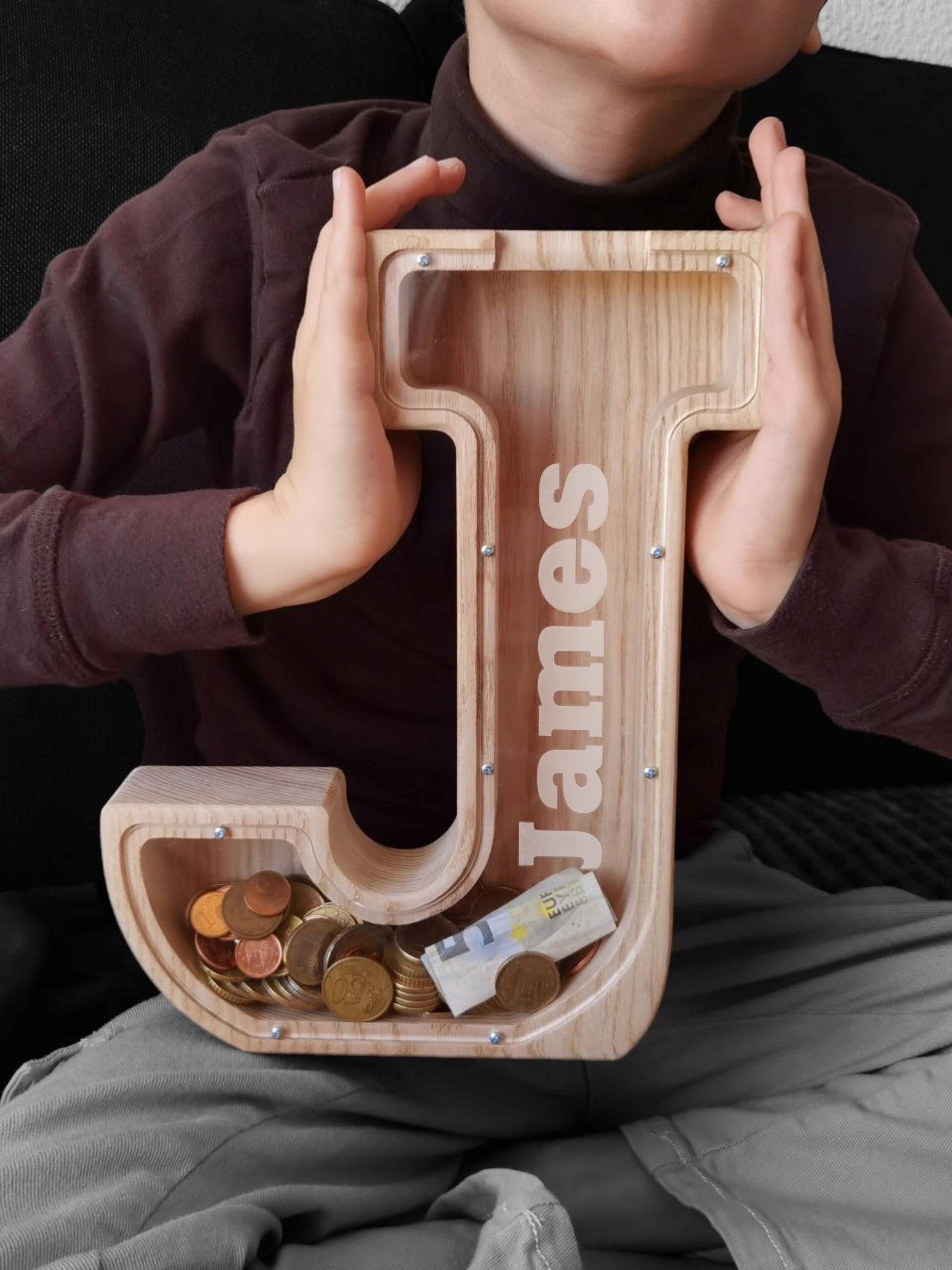 Piggy Bank, Money Box Wooden Personalized Coin Bank, Letter J, best gift for girls and boys, personalization Coin Bank, Mother's Day Gift