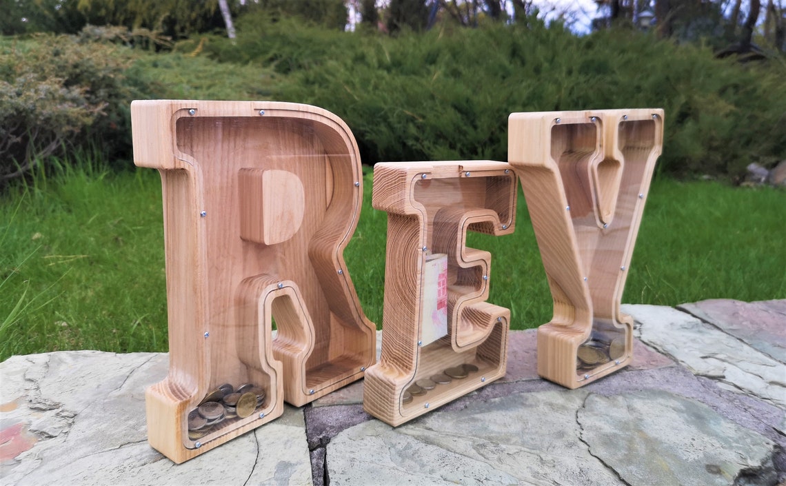 Personalized money box for kids Wooden coin bank for boys Etsy