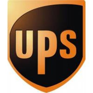 May include: The UPS logo is a shield shape with a black background and an orange outline. The letters "UPS" are in a bold, orange font.