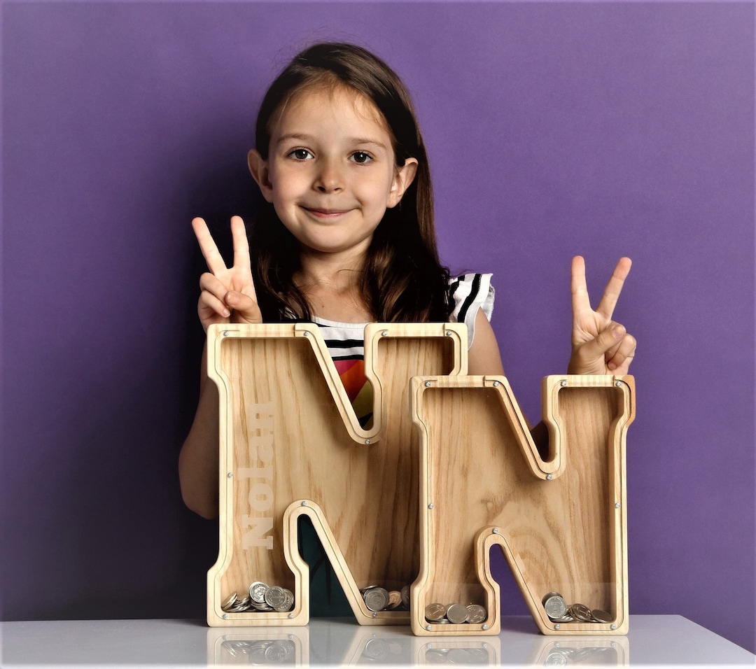 Large Personalized Wooden Piggy Bank Letter, Cute Kids Room Decor, Nice