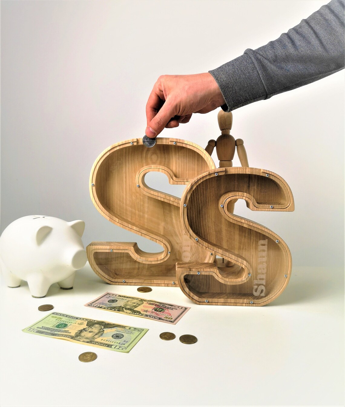 Wooden piggy bank for kids Letter piggy bank Wooden coin Etsy