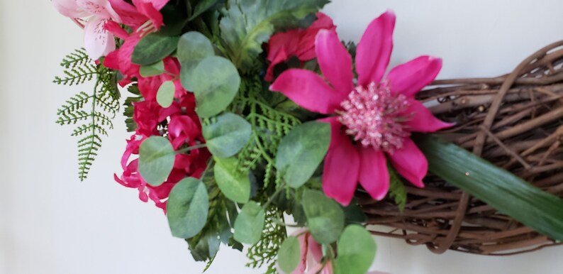 Grapevine Wreath with Pink Flowers and coordinating bow
