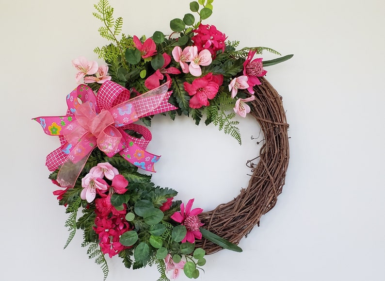 Grapevine Wreath with Pink Flowers and coordinating bow
