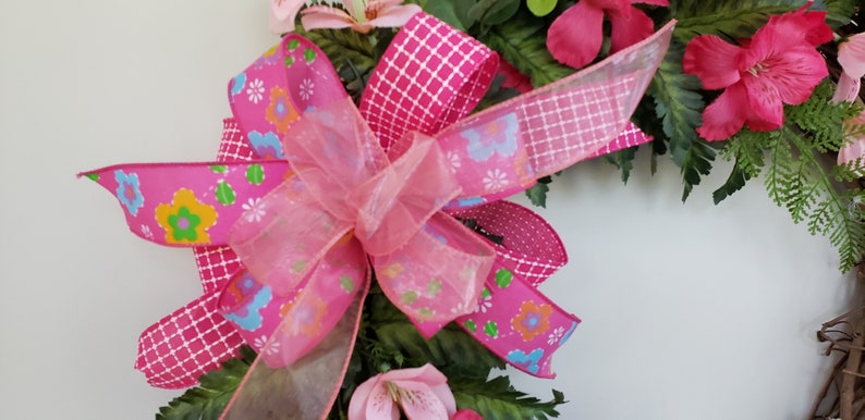Grapevine Wreath with Pink Flowers and coordinating bow