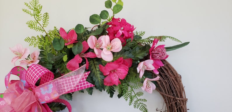 Grapevine Wreath with Pink Flowers and coordinating bow