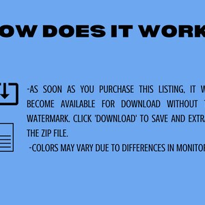 May include: Illustration showing how to download a digital product.  After purchase, the product will be available for download without a watermark.  Click 'Download' to save and extract the ZIP file.  Colors may vary due to differences in monitors.