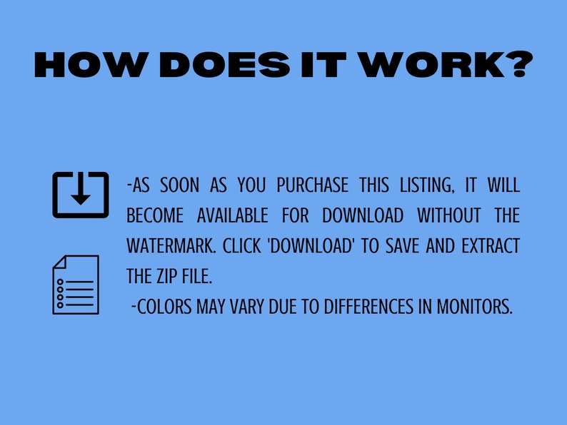 May include: Illustration showing how to download a digital product.  After purchase, the product will be available for download without a watermark.  Click 'Download' to save and extract the ZIP file.  Colors may vary due to differences in monitors.