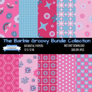May include: A digital paper pack with 68 different patterns in pink, blue, and white. The patterns include stars, hearts, flowers, rainbows, and geometric shapes. The text "The Barbie Groovy Bundle Collection" is at the top of the image. The text "68 Digital Papers" is in the middle of the image. The text "12 x 12 in" is below the text "68 Digital Papers". The text "Instant Download" is at the top right of the image. The text "300 DPI JPEG" is below the text "Instant Download".