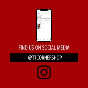 May include: A smartphone displaying a social media app with the text "Find us on social media @TTCORNERSHOP" and an Instagram logo.